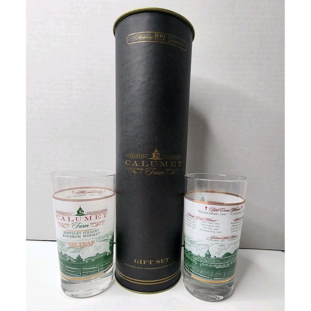 Calumet Farm Bourbon 100th Anniversary Glass Gift Set Of 2 New With Box